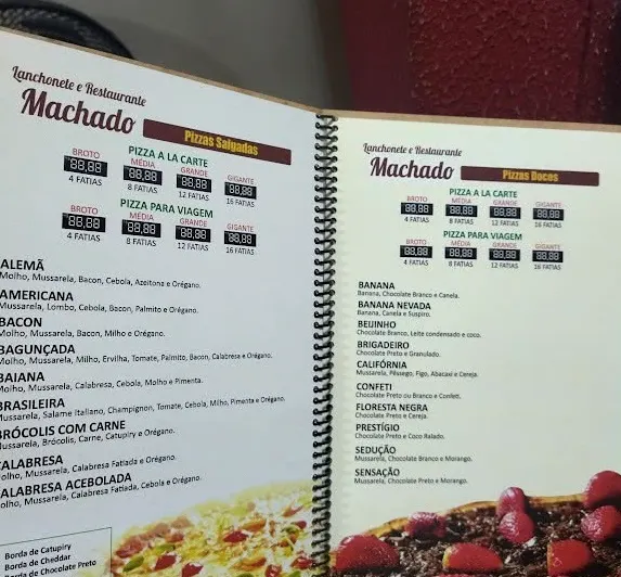 Cardápio aberto da Lanchonete e Restaurante Machado, com fotos e preços das pizzas